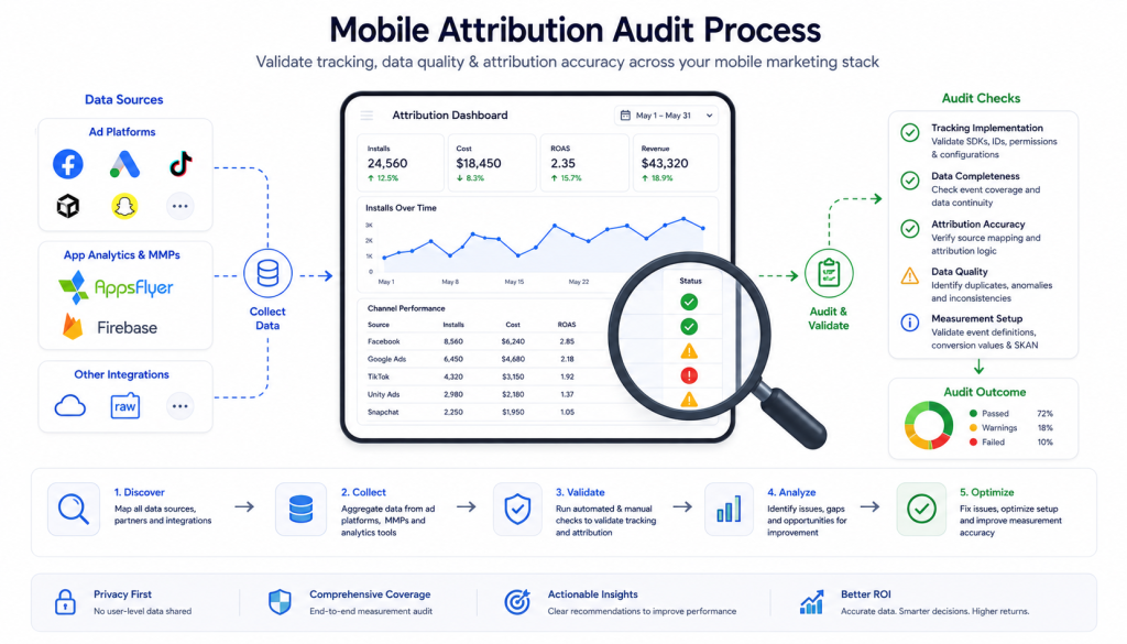 Mobile attribution audit checklist showing how to find and fix tracking issues across AppsFlyer, Adjust, and Singular
