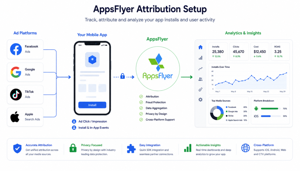 AppsFlyer setup guide for iOS and Android apps showing attribution dashboard