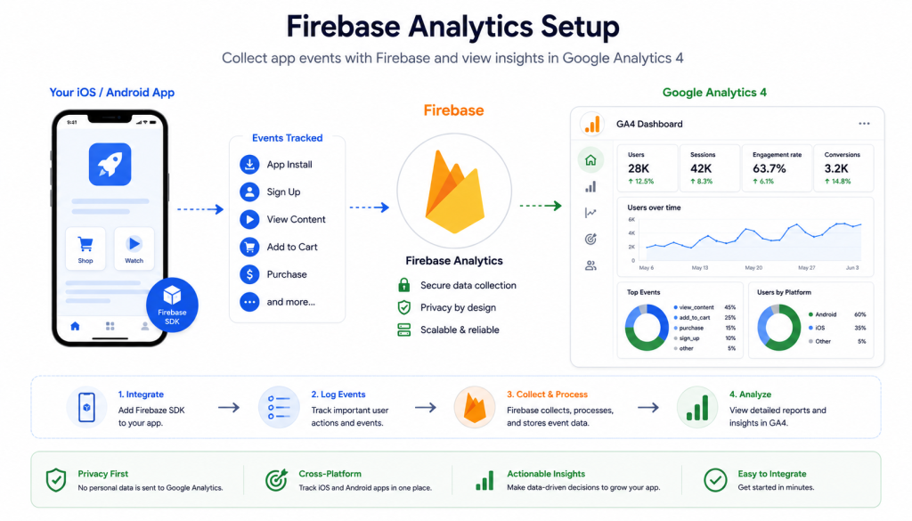 Firebase Analytics setup guide for mobile apps showing SDK integration and GA4 connection