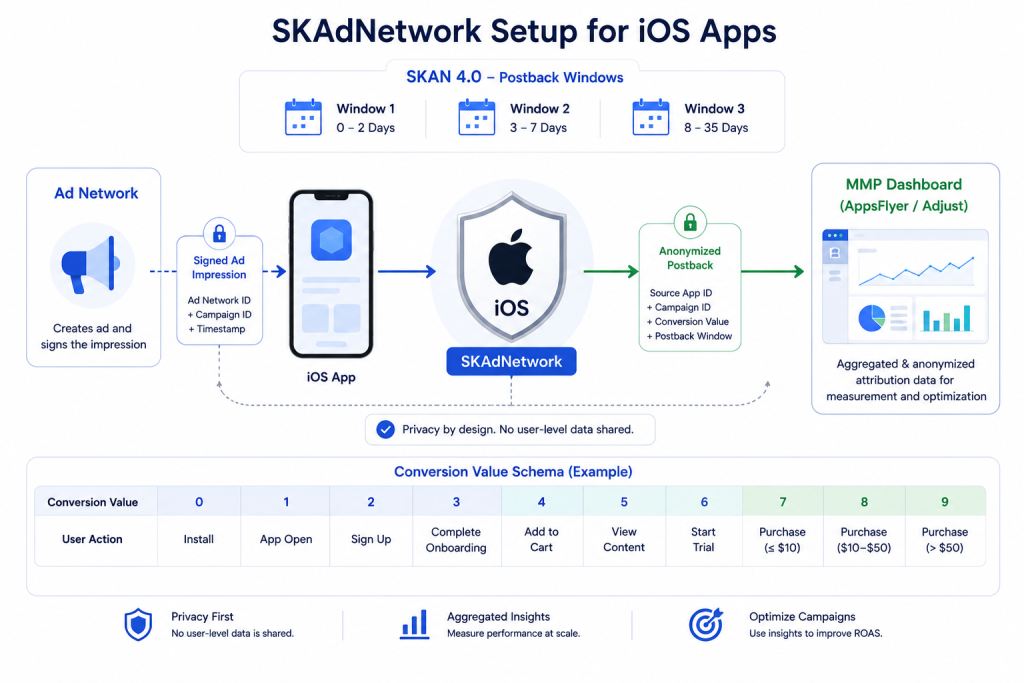 SKAdNetwork setup guide for iOS apps — SKAN 4.0 implementation with AppsFlyer and Adjust