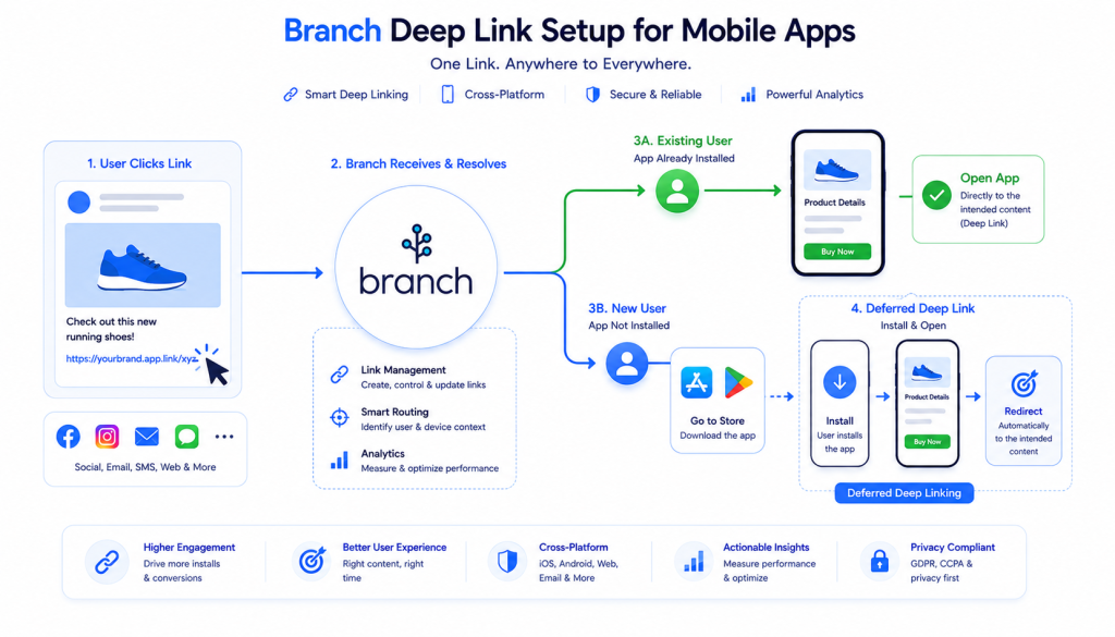 Branch deep links setup for iOS and Android apps showing universal links, app links, and deferred deep linking flow