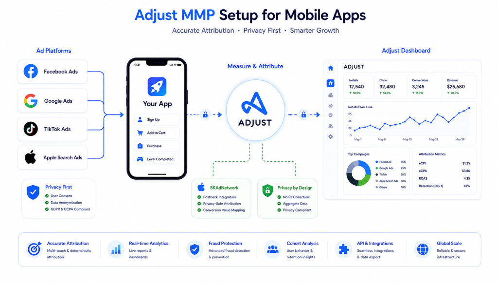 Adjust for iOS and Android apps showing SDK integration, SKAdNetwork configuration, and ad network attribution