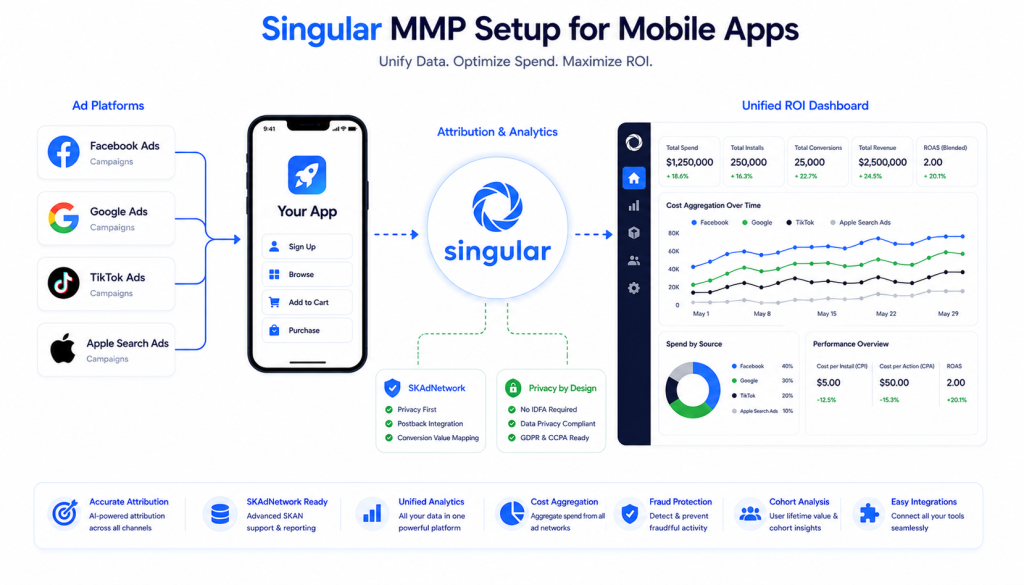 Setup Singular for mobile attribution showing SDK integration, cost aggregation, and ad network connections