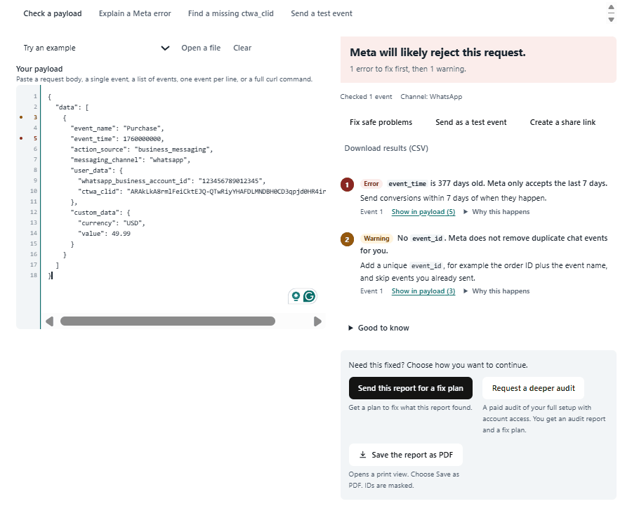 CAPI debugger sample report showing an old event_time error and a missing event_id warning for a WhatsApp conversion event
